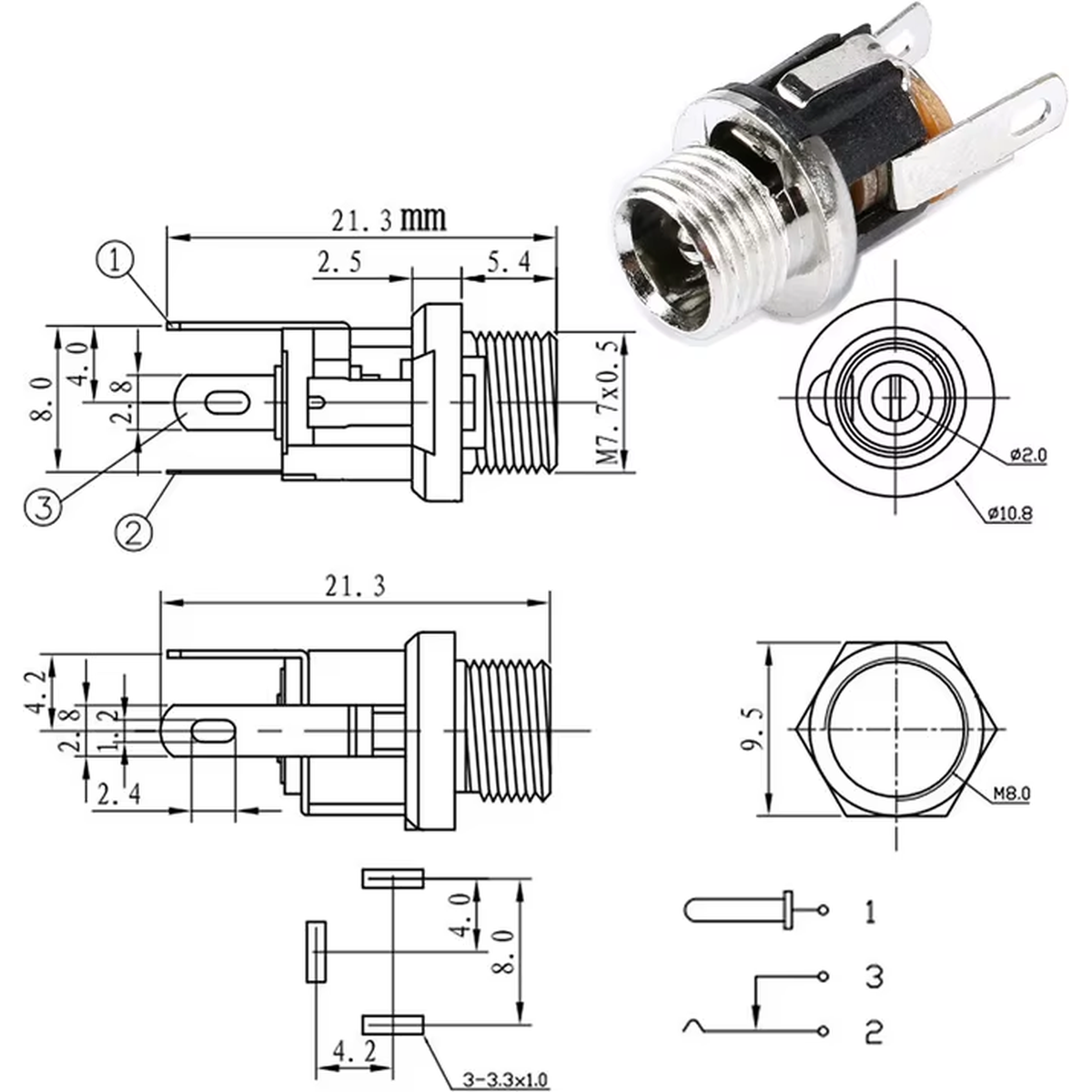 Conector jack DC hembra metalico 5.5 x 2.1 mm